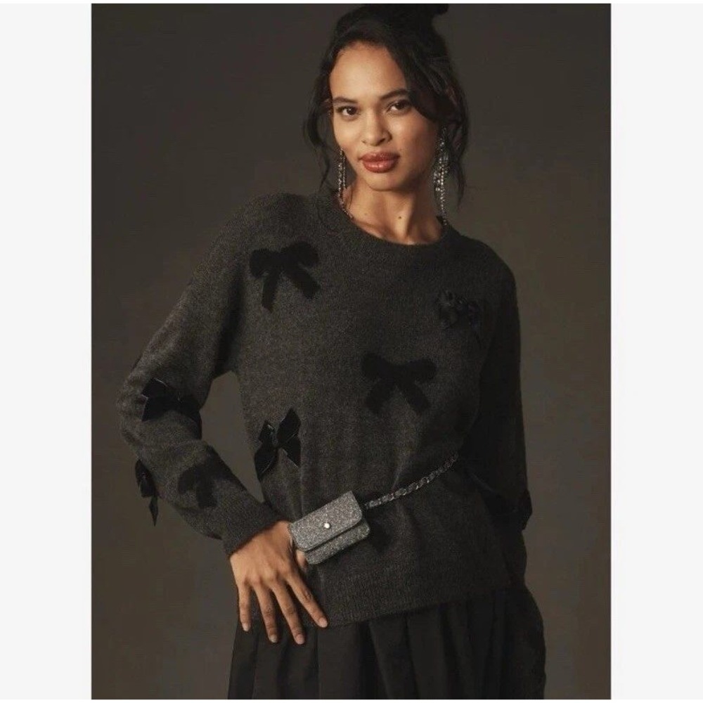 Maeve Sweater Women Small Gray Velvet Bow Crewneck Knit Pullover Anthropologie